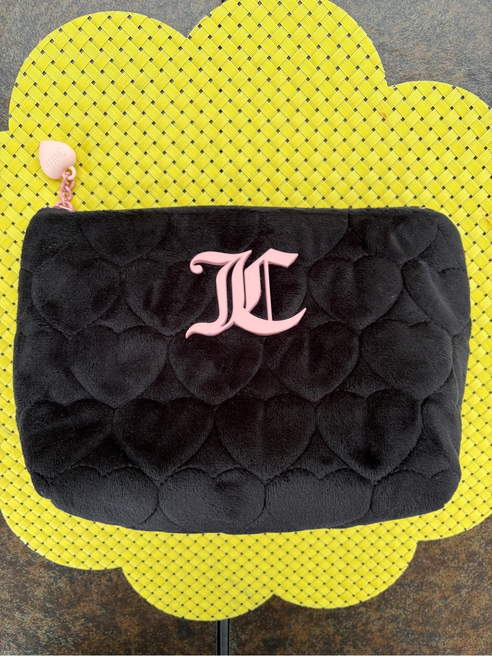 Juicy Couture Black Quilted Heart Pattern Cosmetic Pouch with Pink Monogram
